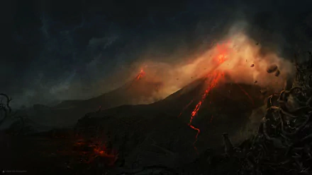 HD fantasy desktop wallpaper depicting a volcanic landscape with glowing lava flows and dark, smoky skies in an artistic style.