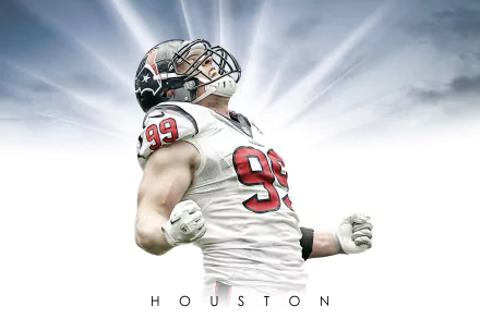 HD desktop wallpaper featuring J.J. Watt in a Houston football jersey, posing triumphantly with a sky backdrop.