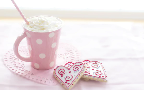 A pink polka-dotted mug filled with whipped cream sits beside two heart-shaped cookies, all set against a soft cream and pink background, capturing a cozy moment with hot chocolate.