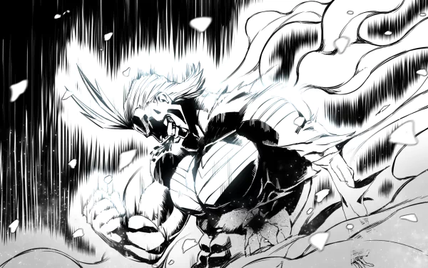 HD desktop wallpaper and background featuring All Might from the anime My Hero Academia, depicted in an intense, action-packed scene with dynamic lines and vibrant energy.