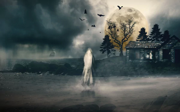 HD fantasy wallpaper of a dark, eerie night with a glowing full moon, a ghostly figure, bats flying, and an abandoned cabin surrounded by trees.