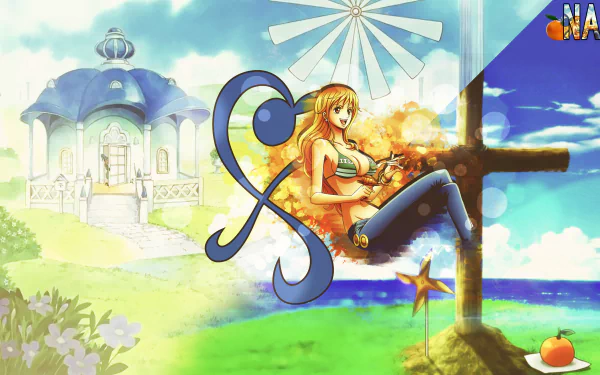 HD desktop wallpaper featuring Nami from One Piece, set against a vibrant background with a scenic landscape and symbolic imagery.