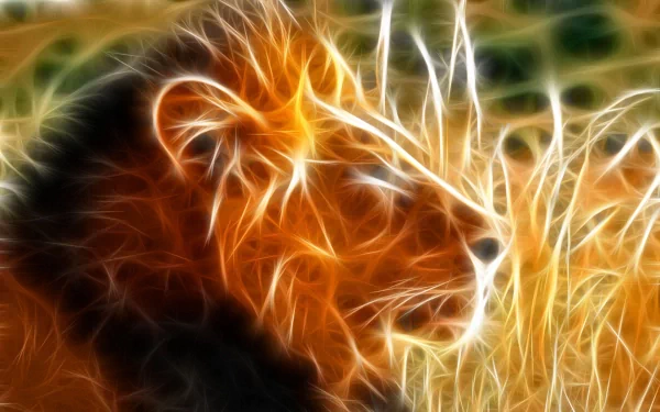 HD desktop wallpaper of a lion in tall grass, with glowing, artistic effects highlighting the mane and surroundings.