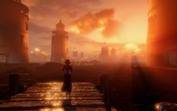 Elizabeth from the video game Bioshock Infinite stands on a wooden dock near a lighthouse at sunset, captured in a vibrant HD PC desktop wallpaper.