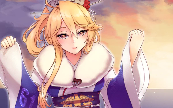 HD anime desktop wallpaper featuring Iowa from Kancolle styled with elements inspired by Touhou, set against a vibrant sunset backdrop.