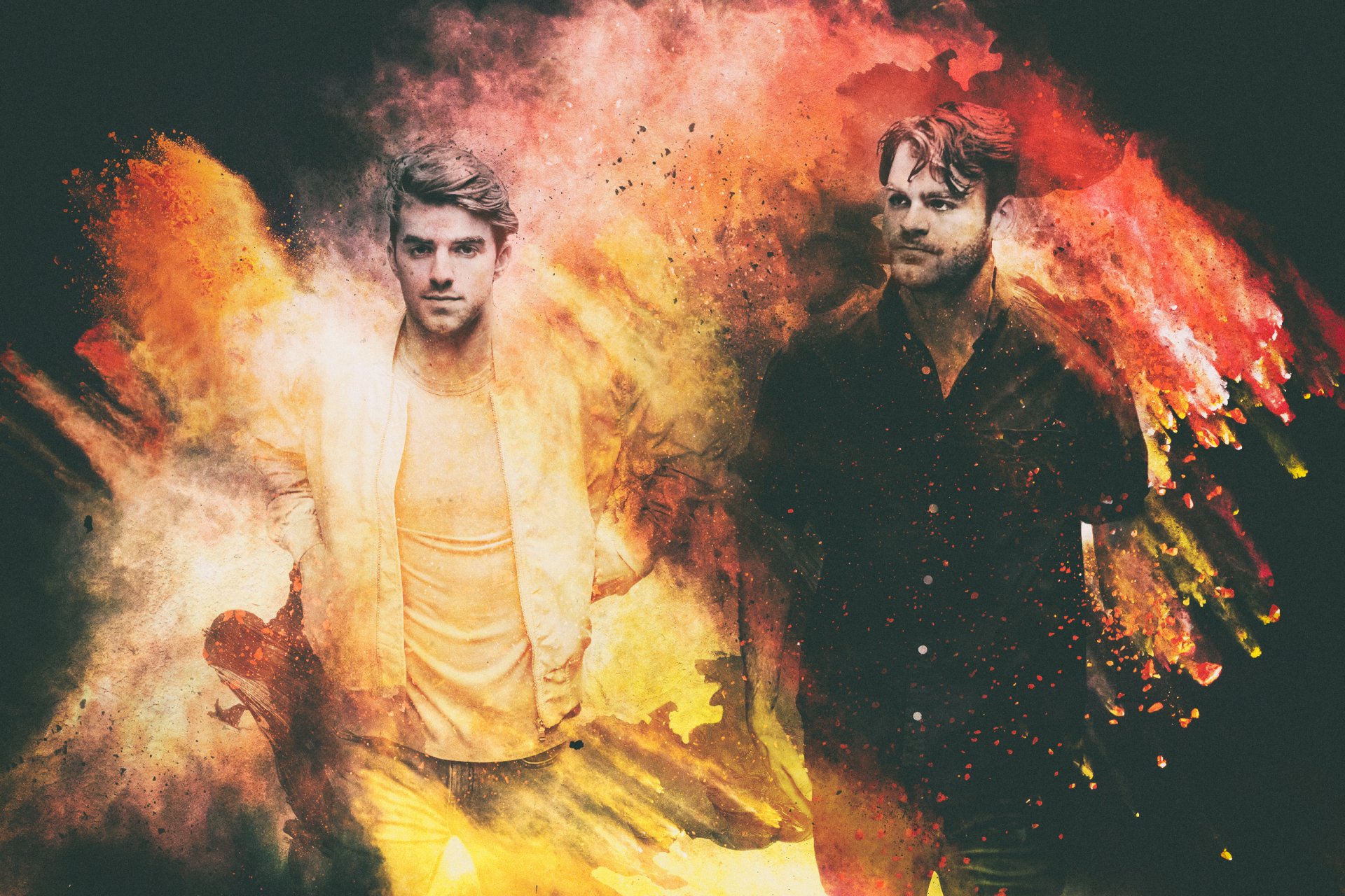HD desktop wallpaper featuring an artistic rendition of The Chainsmokers with vibrant, explosive colors in the background.