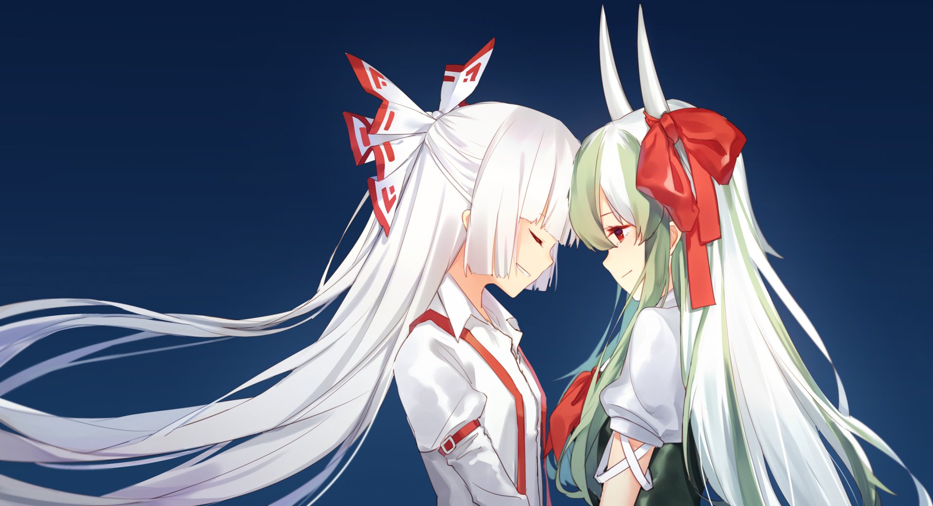 2K Quad HD PC desktop wallpaper of Touhou-style anime: two long-haired girls in white outfits with red ribbons, touching foreheads against a deep blue background.