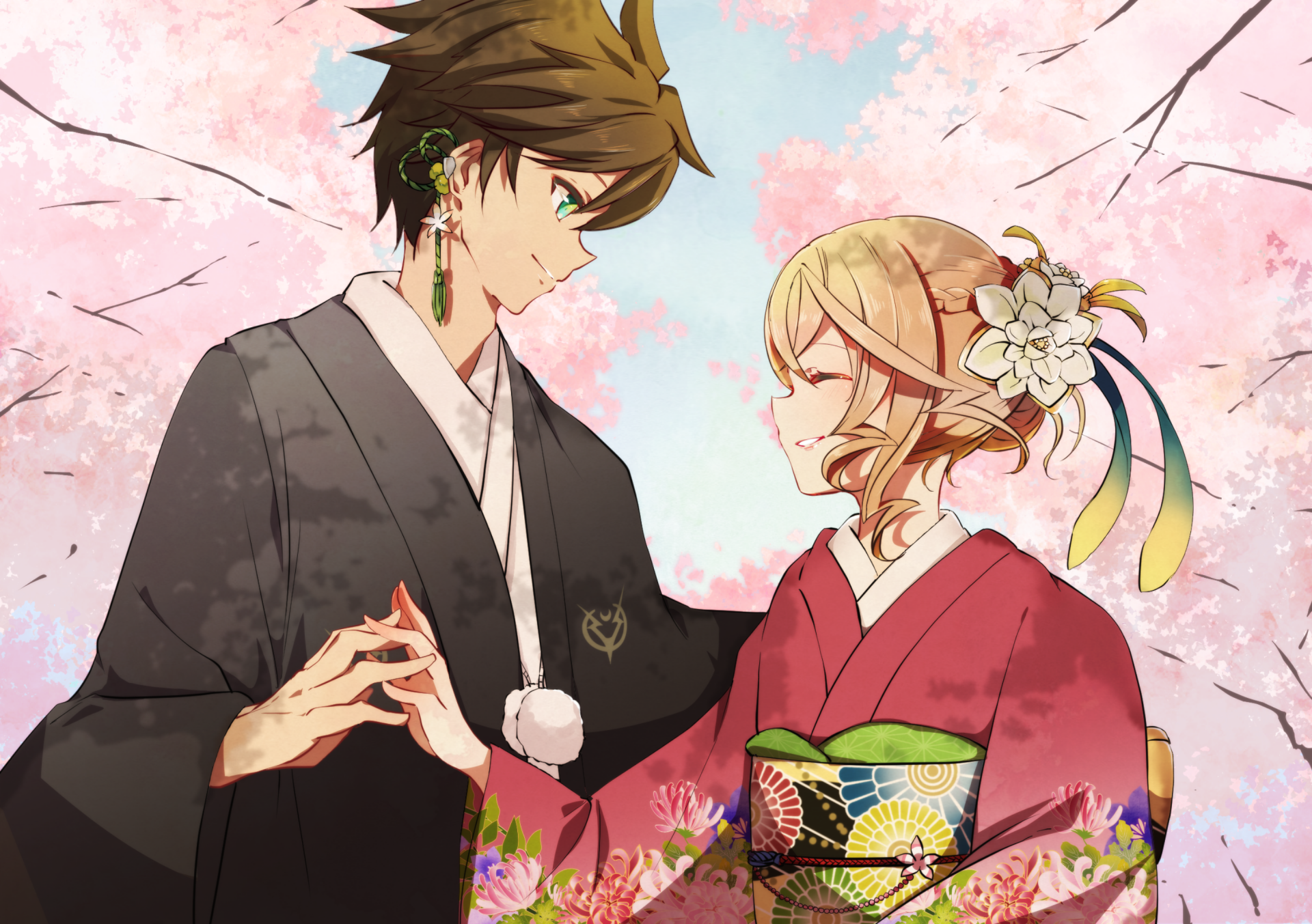 Anime-style HD PC desktop wallpaper from Tales of Zestiria the X, featuring two characters in traditional attire under cherry blossoms.