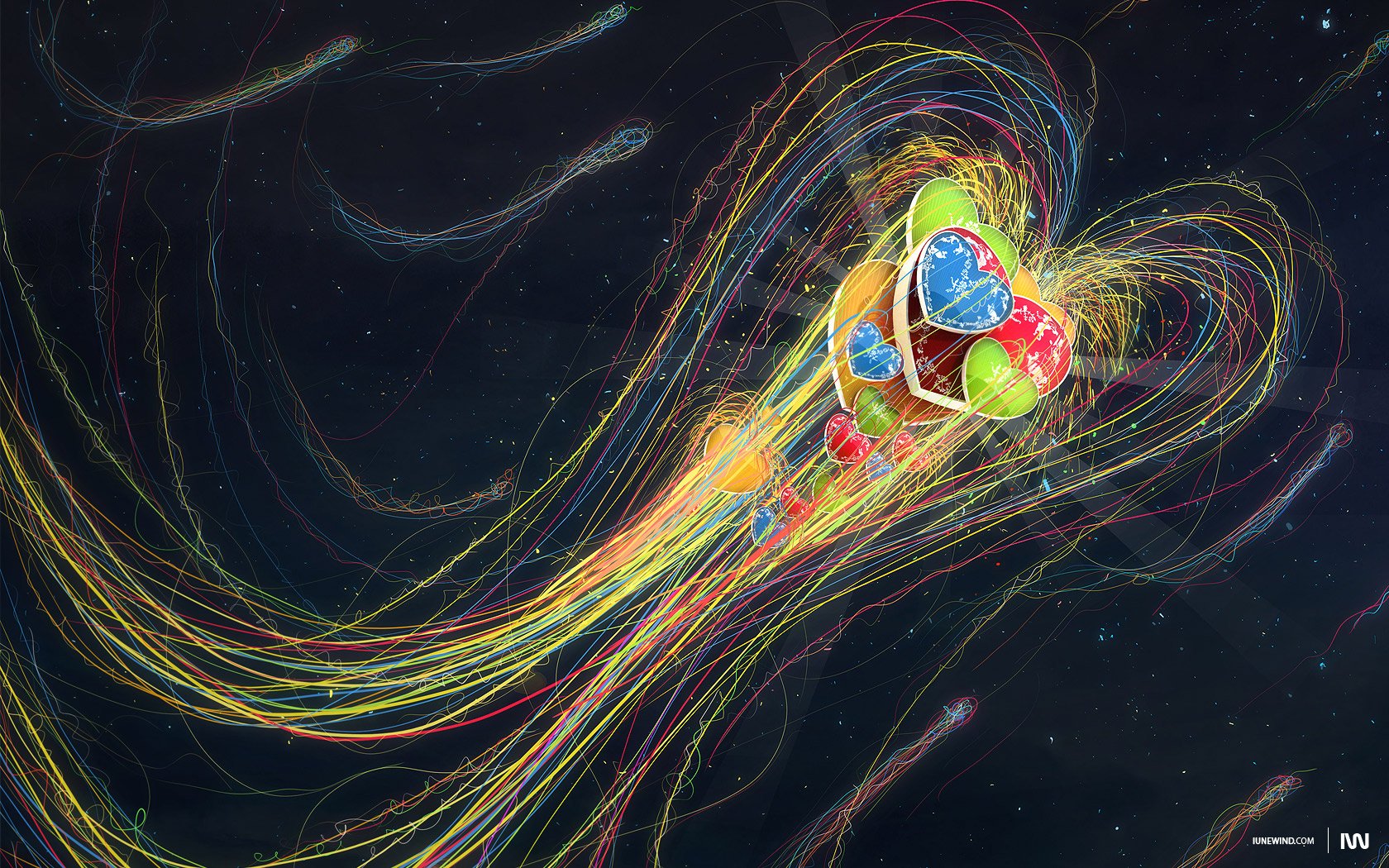 Abstract CGI HD desktop wallpaper featuring vibrant, textured heart shapes with dynamic swirling patterns and colorful trails against a dark background.