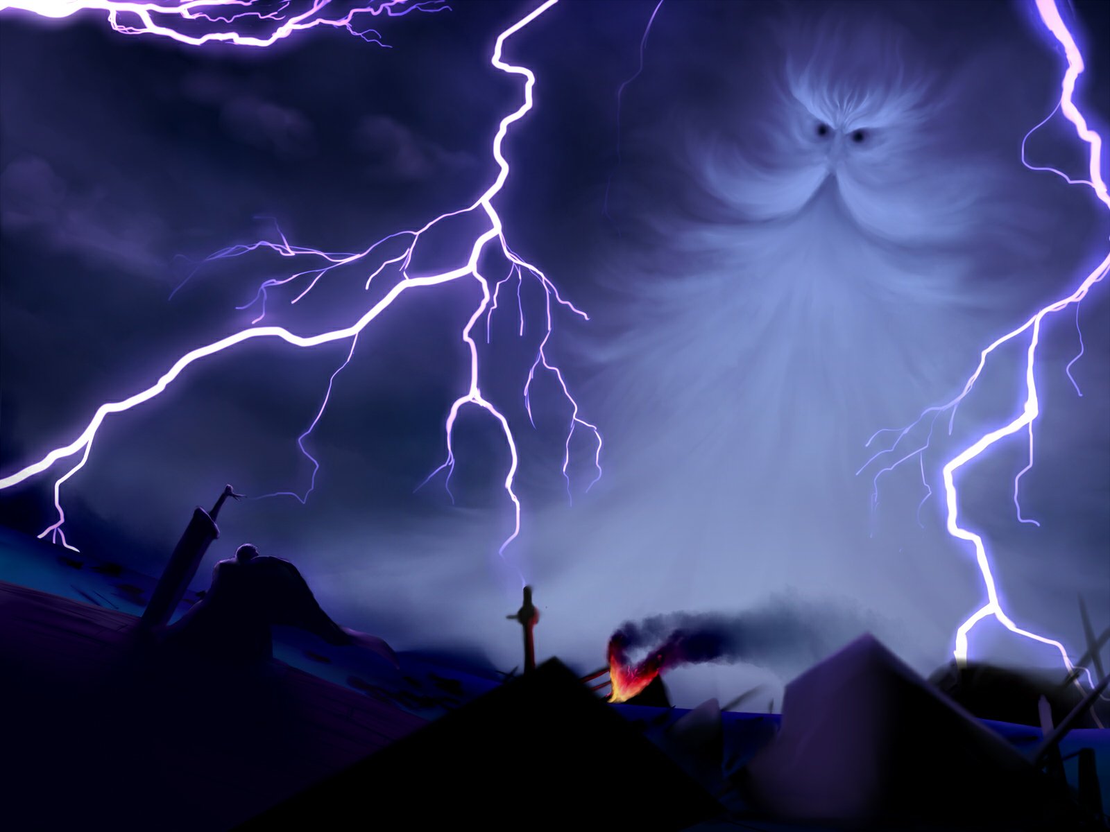 HD anime wallpaper featuring Guts and the ominous figure Ganishka from Berserk, with dark skies illuminated by striking lightning bolts.