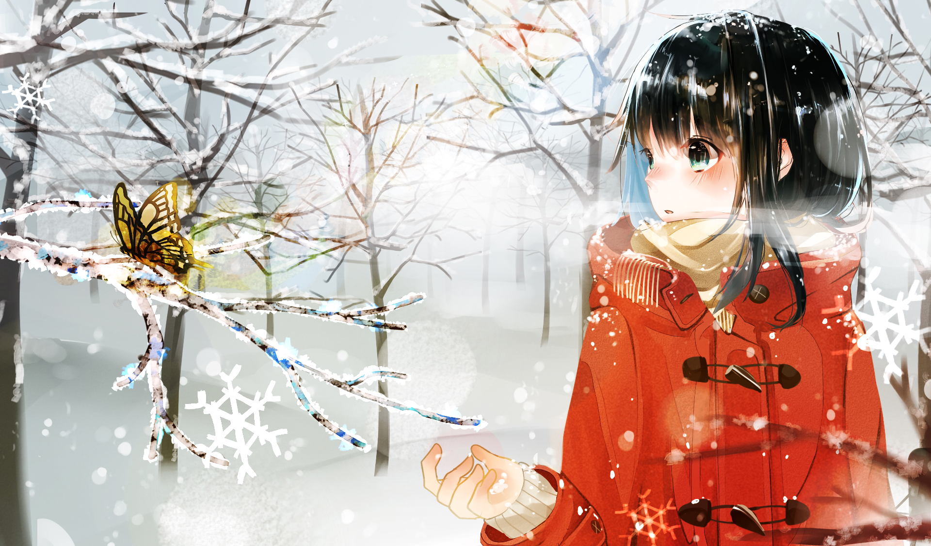 HD anime original wallpaper showing a girl in a red coat gazing at a butterfly on snowy tree branches in a serene winter landscape.