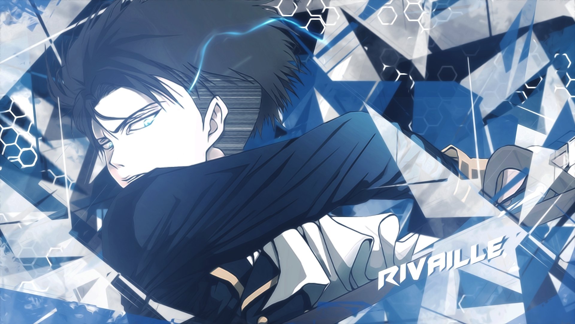 HD wallpaper featuring Levi Ackerman from Attack on Titan in a dynamic pose, with a blue-hued geometric background.