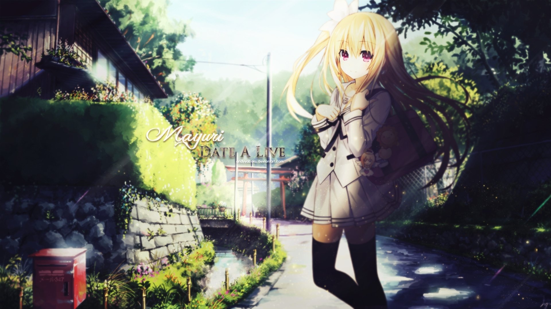 HD desktop wallpaper and background featuring an anime character from Date A Live, showcasing a girl with long blonde hair in a school uniform, standing on a scenic, sunlit street.