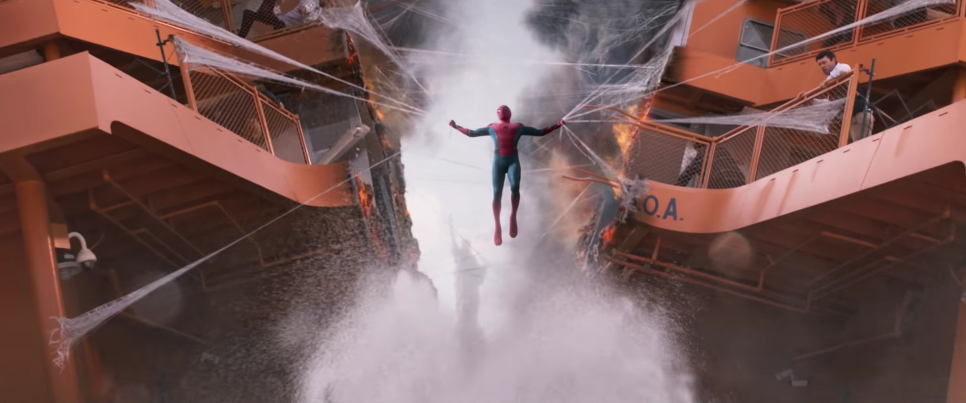 HD desktop wallpaper of Spider-Man from the movie Spider-Man: Homecoming, showing him using webs to pull together a split ferry boat surrounded by water and chaos.