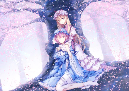 HD anime desktop wallpaper featuring Yukari Yakumo and Yuyuko Saigyouji from Touhou, surrounded by cherry blossoms under a large tree.