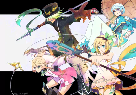 Anime HD PC desktop wallpaper from Tales of Zestiria the X: four vibrant characters in dynamic poses, wielding blades and magic, pastel colors and energetic composition on a light background.