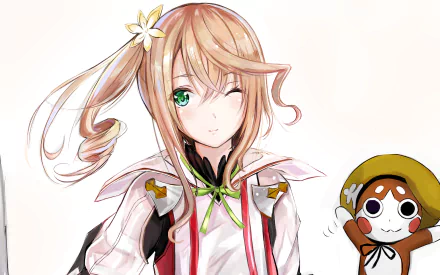 Anime-style HD PC desktop wallpaper featuring a character from Tales of Zestiria the X winking, accompanied by a small, cute doll-like figure.