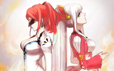 A striking anime illustration from Tales of Zestiria the X, featuring two characters, one with red hair and a mask, the other with long white hair, set against a vibrant background.