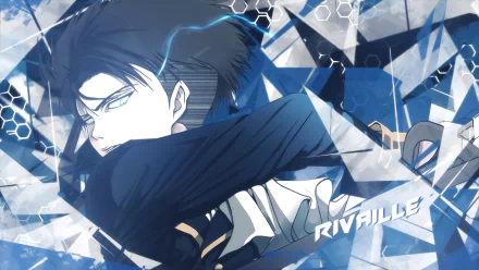 HD wallpaper featuring Levi Ackerman from Attack on Titan in a dynamic pose, with a blue-hued geometric background.