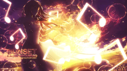 HD anime desktop wallpaper featuring Kaori Miyazono from Your Lie in April, surrounded by glowing musical notes against a vibrant sunset background.