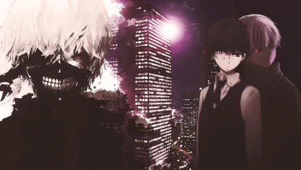 HD desktop wallpaper of Ken Kaneki from Tokyo Ghoul anime, featuring a dramatic night cityscape with two dark and intense versions of the character in the foreground.