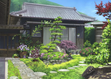 HD wallpaper of an anime-style traditional building with a lush, colorful garden featuring a stone path and various plants.