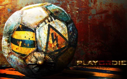HD desktop wallpaper featuring a worn soccer ball against a rustic, grunge-style background. The text PLAY OR DIE is visible in the corner, adding a dramatic effect.