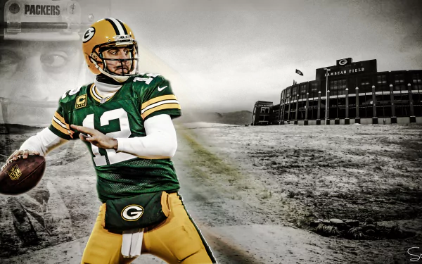 HD desktop wallpaper featuring Aaron Rodgers in Green Bay Packers gear with Lambeau Field in the background.