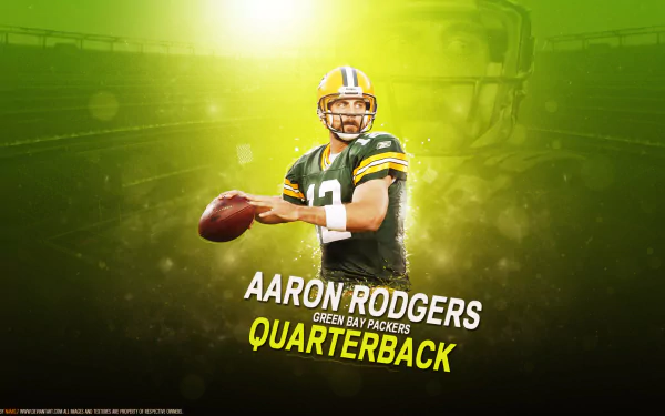 HD desktop wallpaper featuring Aaron Rodgers in his Green Bay Packers quarterback uniform against a dynamic green background.
