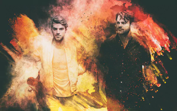 HD desktop wallpaper featuring an artistic rendition of The Chainsmokers with vibrant, explosive colors in the background.