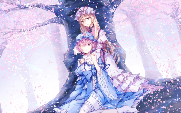 HD anime desktop wallpaper featuring Yukari Yakumo and Yuyuko Saigyouji from Touhou, surrounded by cherry blossoms under a large tree.