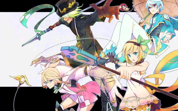 Anime HD PC desktop wallpaper from Tales of Zestiria the X: four vibrant characters in dynamic poses, wielding blades and magic, pastel colors and energetic composition on a light background.