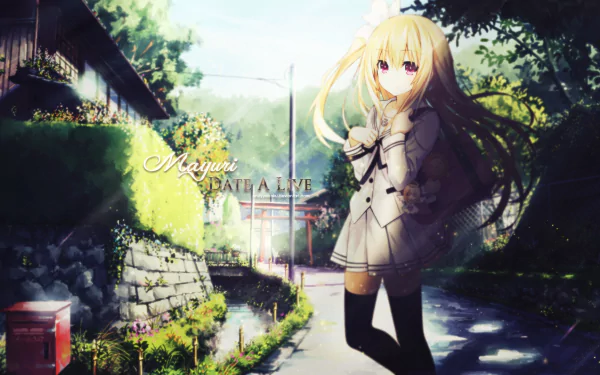 HD desktop wallpaper and background featuring an anime character from Date A Live, showcasing a girl with long blonde hair in a school uniform, standing on a scenic, sunlit street.