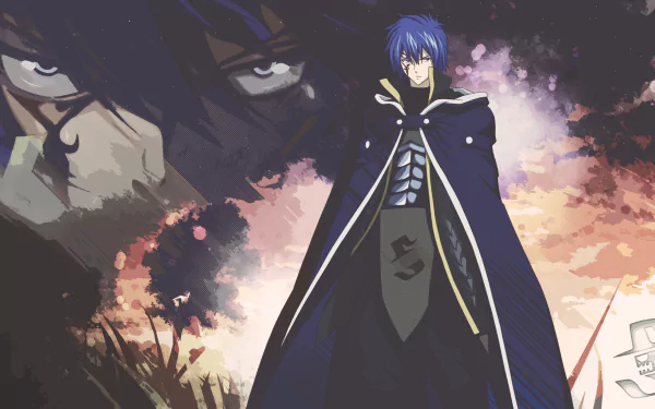 HD desktop wallpaper featuring Jellal Fernandes from the anime Fairy Tail, standing in a dramatic pose against a twilight background with a close-up of his intense gaze in the backdrop.