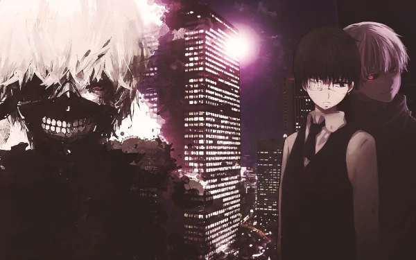 HD desktop wallpaper of Ken Kaneki from Tokyo Ghoul anime, featuring a dramatic night cityscape with two dark and intense versions of the character in the foreground.