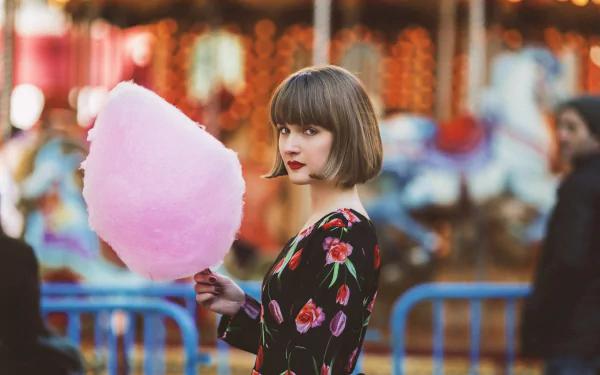 cotton candy brunette bokeh depth of field lipstick woman model HD Desktop Wallpaper | Background Image