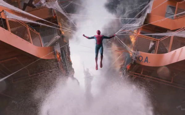 HD desktop wallpaper of Spider-Man from the movie Spider-Man: Homecoming, showing him using webs to pull together a split ferry boat surrounded by water and chaos.