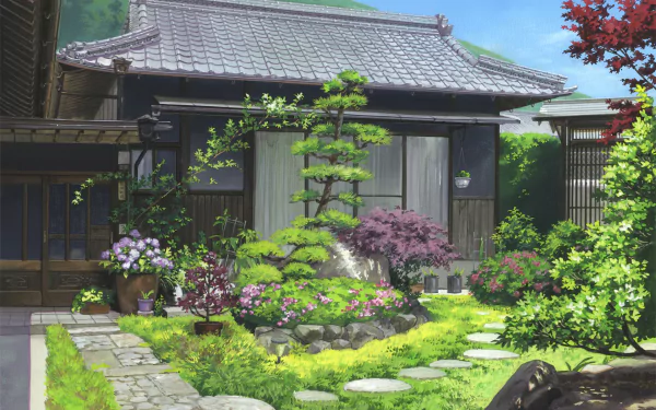 HD wallpaper of an anime-style traditional building with a lush, colorful garden featuring a stone path and various plants.