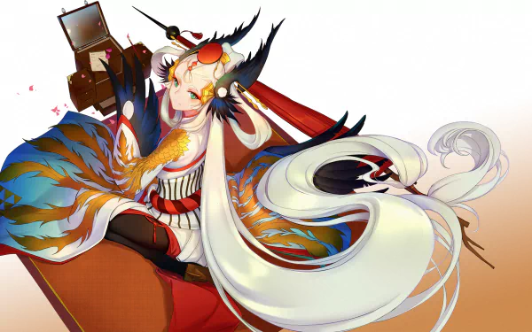HD PC desktop wallpaper featuring a vibrant anime-style Onmyoji character with ornate attire and flowing white hair against a light background.