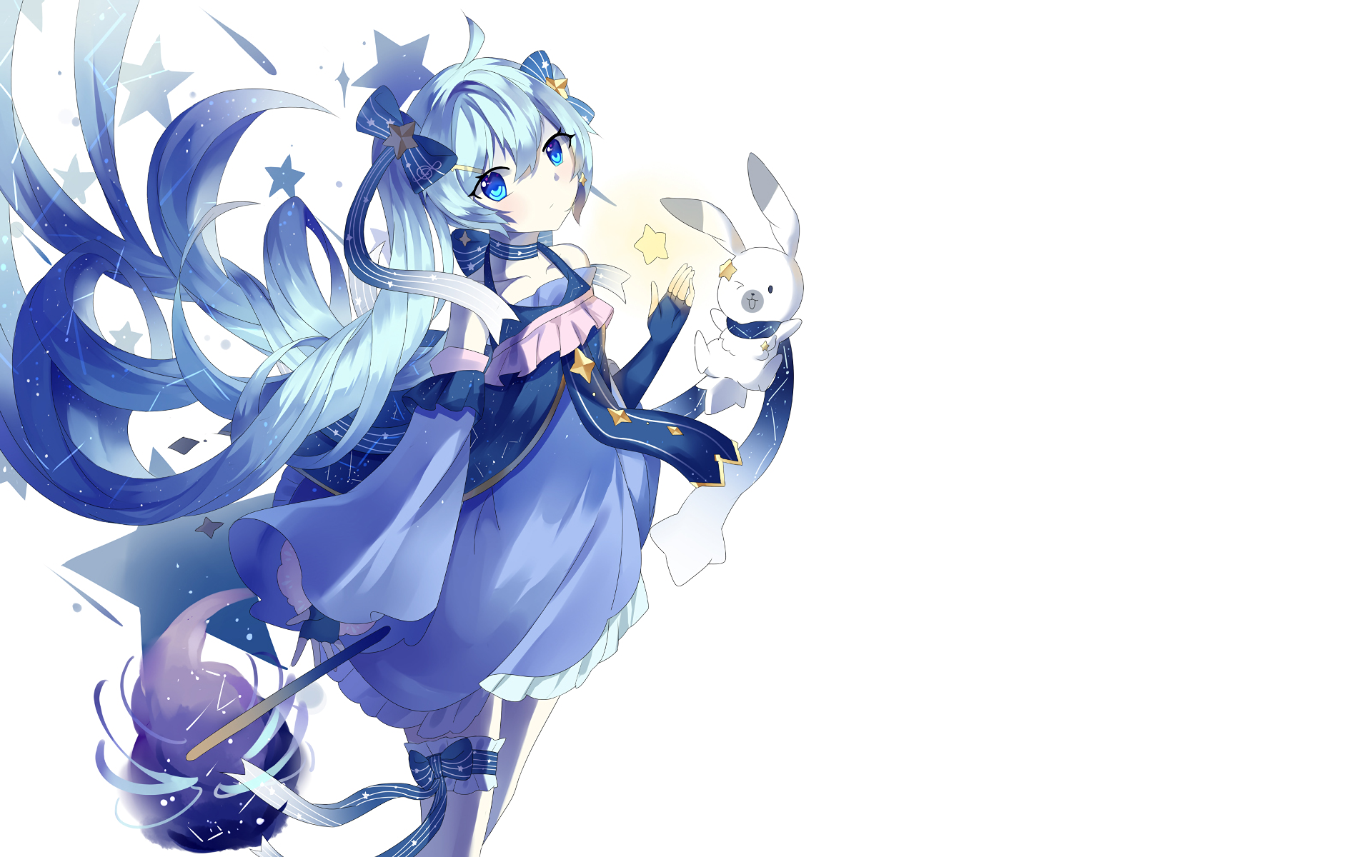 HD desktop wallpaper featuring Hatsune Miku from Vocaloid, depicted in an anime style. Miku, with flowing blue hair and a starry theme, is holding a white rabbit, set against a minimalist white background.