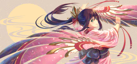HD anime desktop wallpaper featuring an original character with dark hair, wearing a pink kimono and adorned with elaborate, colorful wings against a serene background with a yellow sun.