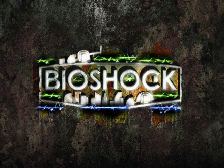 HD PC desktop wallpaper featuring the glowing Bioshock logo with electric and aquatic design elements from the video game.