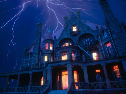 HD desktop wallpaper of a dark, haunted house at night with lightning illuminating the sky, capturing a spooky Halloween fantasy vibe.