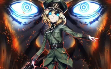 An HD wallpaper featuring Tanya Degurechaff from the anime Youjo Senki, with intense glowing blue eyes in the background and fiery elements. Tanya is in a military uniform, holding a weapon.