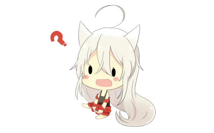 Chibi-style character with white hair and cat ears from the anime Urara Meirochō, expressing confusion with a red question mark, HD PC desktop wallpaper.