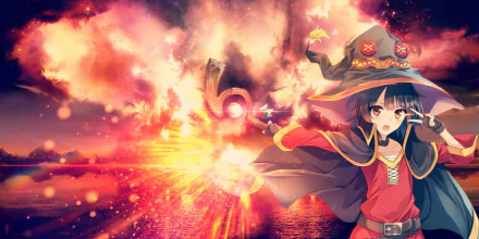 HD wallpaper featuring Megumin from KonoSuba: God's Blessing on This Wonderful World!!. The anime character is casting an explosion spell with vibrant fiery effects in the background.