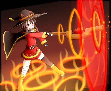 HD anime desktop wallpaper featuring Megumin from KonoSuba - God’s blessing on this wonderful world!! casting her signature explosion spell with fiery effects.