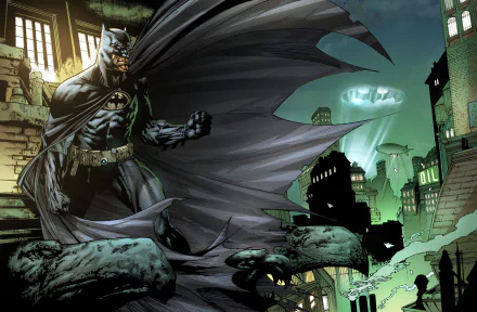 HD desktop wallpaper of Batman in a dark, comic-style cityscape, with the Bat-Signal shining in the sky.
