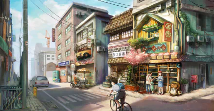 HD anime desktop wallpaper showcasing a charming street with shops, people, and a cyclist. The vibrant scene features traditional and modern buildings under a clear, sunny sky.