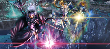 A dynamic anime scene featuring powerful characters from the Fate series, including Ruler, Saber, Artoria Pendragon, and Jeanne d'Arc Alter, amidst a vibrant background.